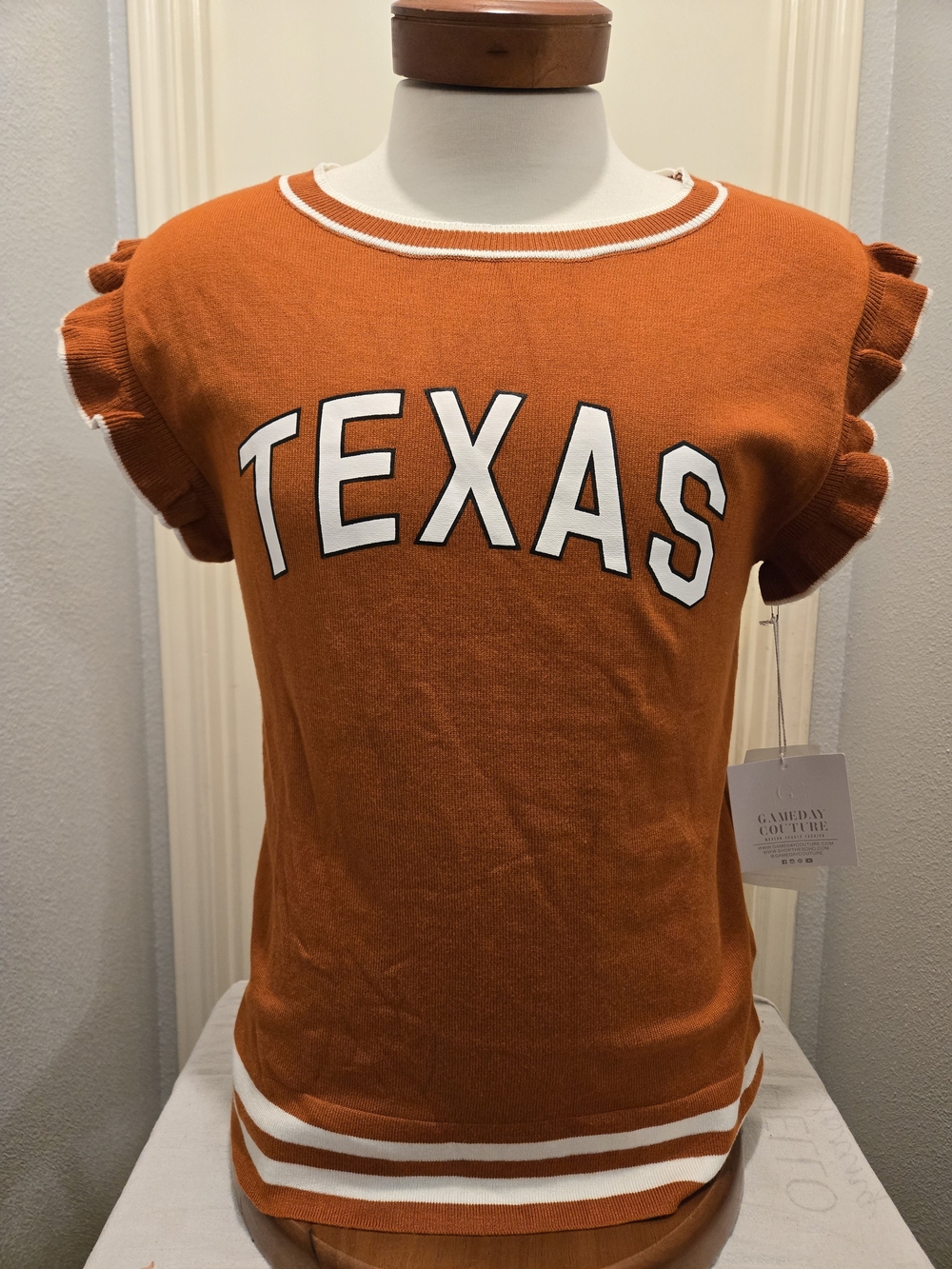 Gameday Couture, Texas, Knit Top with Ruffle Sleeves - Burnt Orange, S